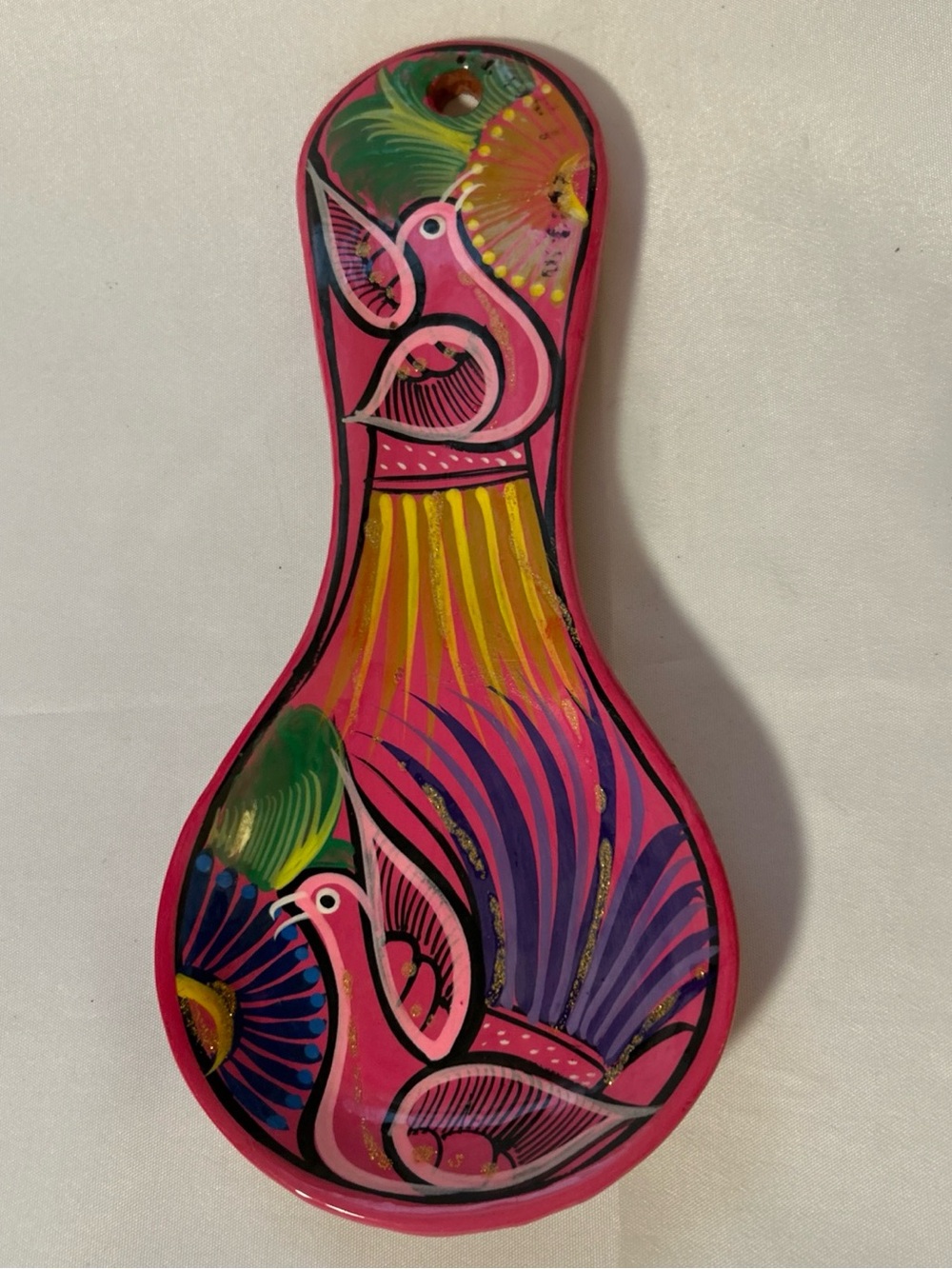 Talavera Handmade Ceramic Red Clay Spoon Rest Pink Colorful Birds Mexican Decor